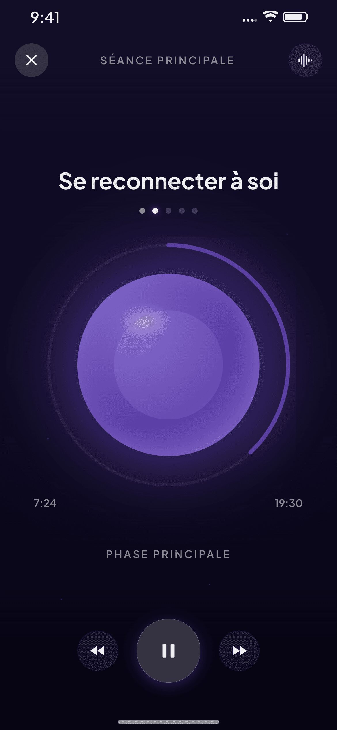 Aperçu du lecteur audio d’Amethy : une séance guidée en cours avec un orbe qui respire au centre de l’écran.